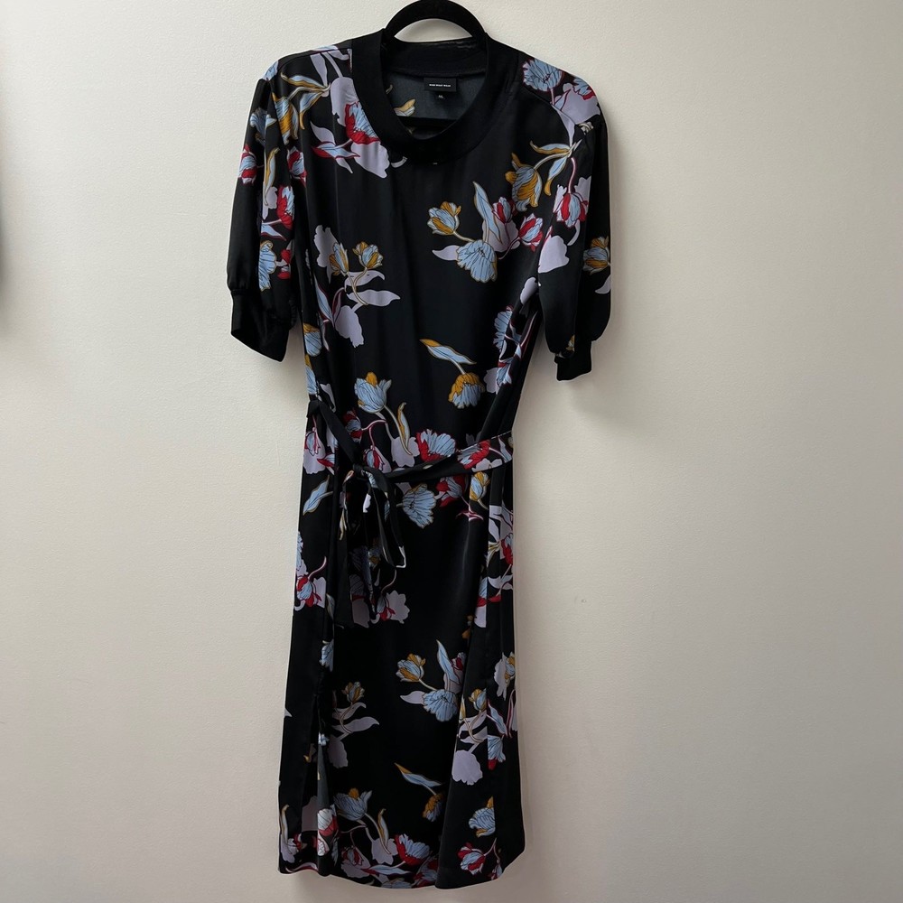 Who What Wear Black Floral Midi Dress with Blue, Red & Yellow Accents